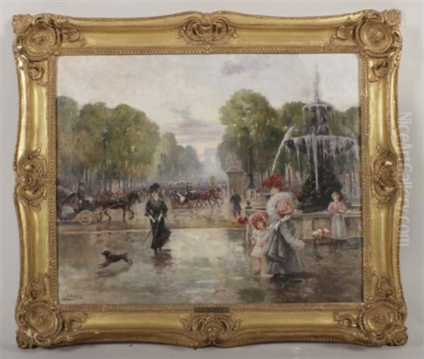 Parisian Street Scene With Fountain Oil Painting by Joaquin Pallares Allustante