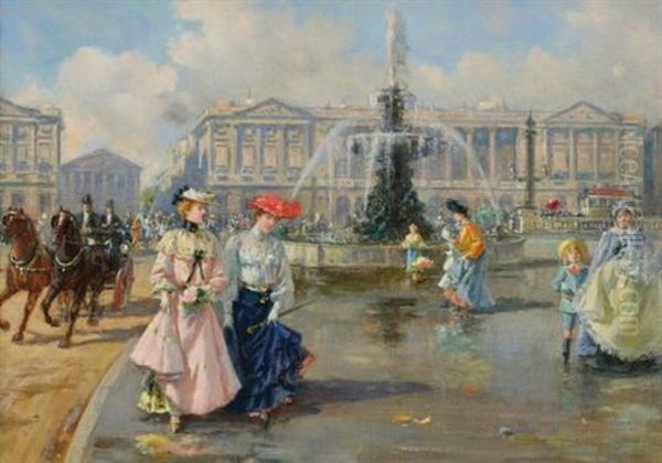 La Place De La Concorde (+ Port Dauphine, Bois De Boulogne, Lrgr; 2 Works) Oil Painting by Joaquin Pallares Allustante