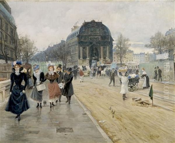 Market Scene In Paris Oil Painting by Joaquin Pallares Allustante