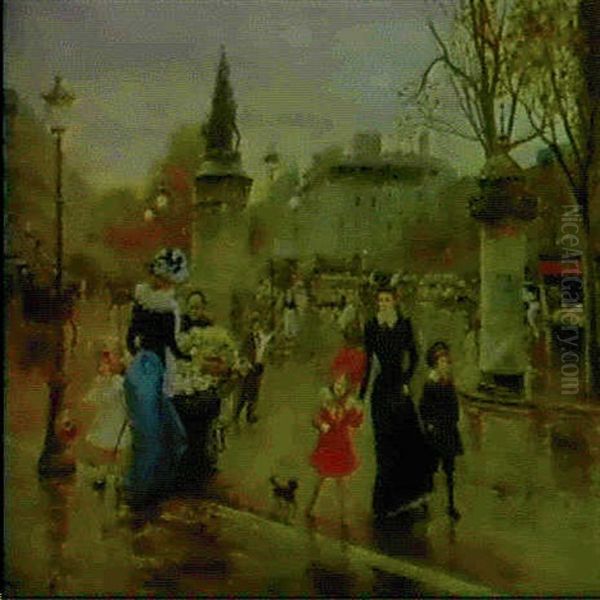 A Busy Square In Paris Oil Painting by Joaquin Pallares Allustante