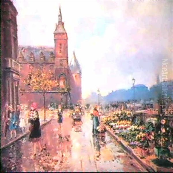 Mercado De Flores Oil Painting by Joaquin Pallares Allustante