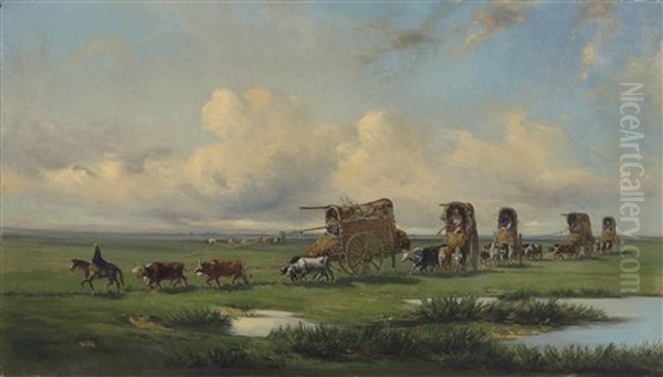 A Caravan Of Gauchos And Their Wagons Crossing The Pampas, Argentina by Jean Leon Palliere