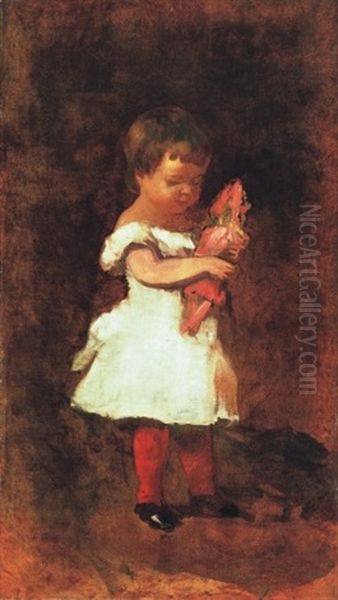 Kislany Babaval - Girl With Doll Oil Painting by Bela Pallik