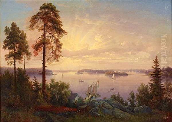 Inloppet Till Stockholm Fran Drottningholm Oil Painting by Gustaf Wilhelm Palm