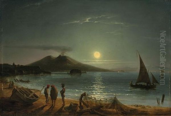 Mondschein Uber Der Bucht Von Neapel Oil Painting by Gustaf Wilhelm Palm