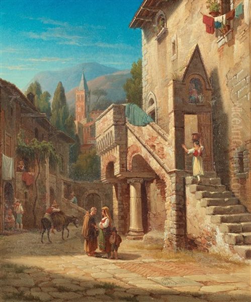 Ilalian Town With Figures Oil Painting by Gustaf Wilhelm Palm