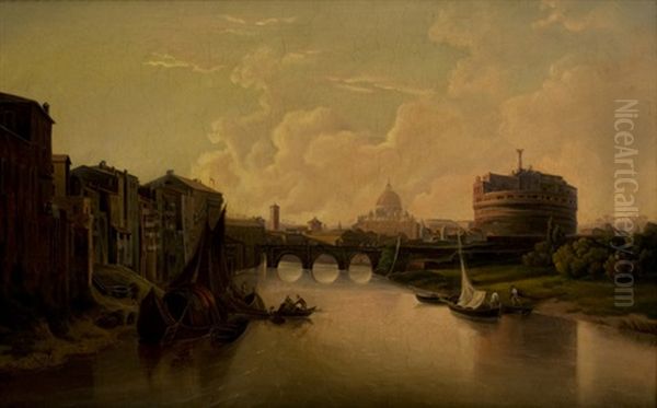 Veduta Del Tevere Con Castel Sant'angelo (view Of The River Tiber With Saint Angel's Castle) Oil Painting by Gustaf Wilhelm Palm