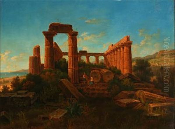 Vue Af Ruinerna Af Junos (in Lucina) Tempel Vid Staden Girgenti Pa Sicilien Oil Painting by Gustaf Wilhelm Palm