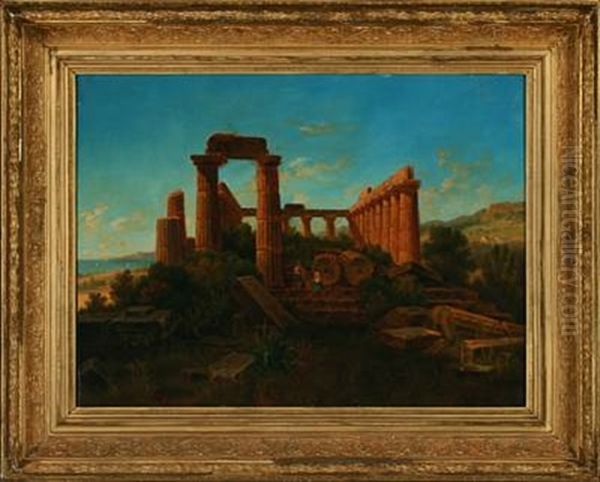 A View Of The Ruins From The Junos Temple At Gigenti At Sicily Oil Painting by Gustaf Wilhelm Palm