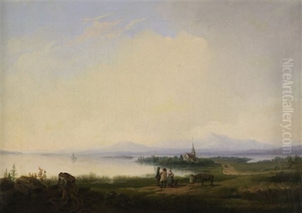 Blick Uber Den Siljansee Mit Der Kirche Von Mora In Der Provinz Dalarna In Schweden Oil Painting by Gustaf Wilhelm Palm