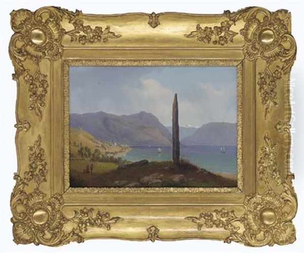 Harvesters On A Stroll To An Obelisk By An Alpine Lake Oil Painting by Gustaf Wilhelm Palm