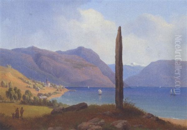 En Hostarbejderfamile Og En Stor Klippeblok Ved En So Oil Painting by Gustaf Wilhelm Palm