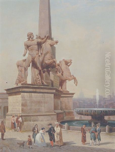 Folkeliv Pa Piazza Del Quirinale Med Statuerne Af Dioskurerne Castor Og Pollux Oil Painting by Gustaf Wilhelm Palm