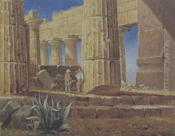 En Kunstner I Samtale Med En Italiener I Det Antikke Tempel I Paestum Oil Painting by Gustaf Wilhelm Palm