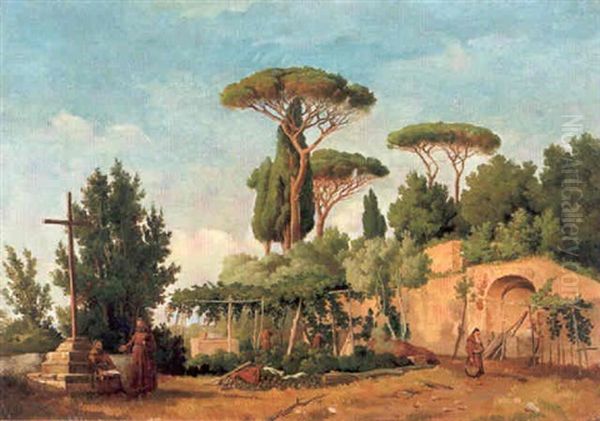 Capuciner-klostergarden Vid Frascati - Motiv Med Munkar Samt Hoga Cypresser Och Pinjer Oil Painting by Gustaf Wilhelm Palm