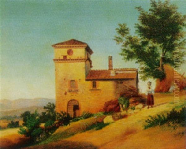 Kvinna Vid Hus I Italienskt Landskap Oil Painting by Gustaf Wilhelm Palm