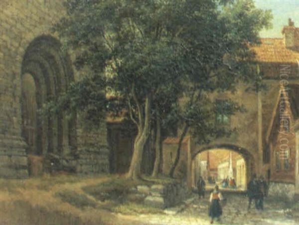 Vue Af S:t Hansgatan Med Stora Porten Till S:t Larskyrkan I Wisby Oil Painting by Gustaf Wilhelm Palm