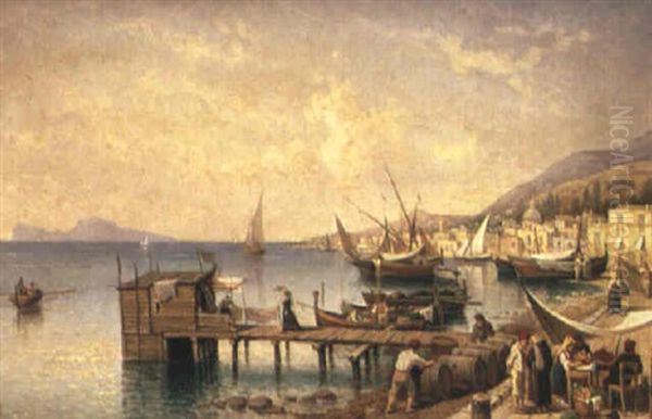 Italiensk Fiskeby Oil Painting by Gustaf Wilhelm Palm