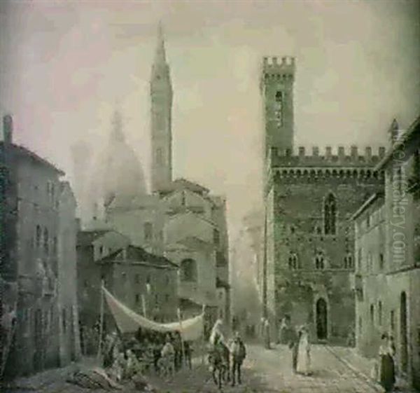 Folkliv Pa Piazza Della                                     Signoria, Florens Oil Painting by Gustaf Wilhelm Palm