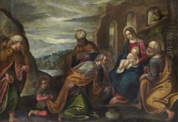 Den Heliga Familjen Med De Tre Vise Mannen Oil Painting by Jacopo Palma il Giovane