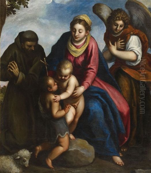 The Virgin With Saint John, Saint Francis, And An Angel Oil Painting by Jacopo Palma il Giovane