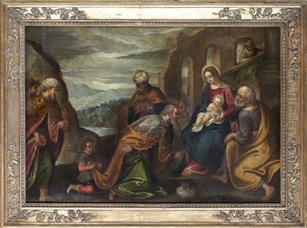 Den Heliga Familjen Med De Tre Vise Mannen Oil Painting by Jacopo Palma il Giovane