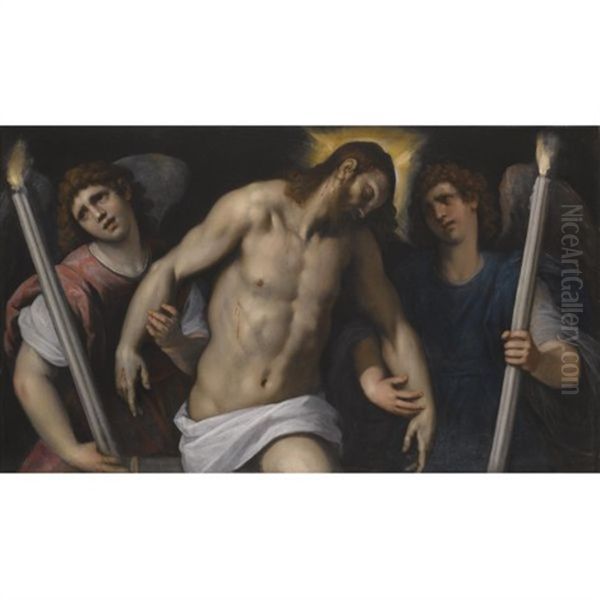 Christ Supported By Angels Bearing Torches Oil Painting by Jacopo Palma il Giovane