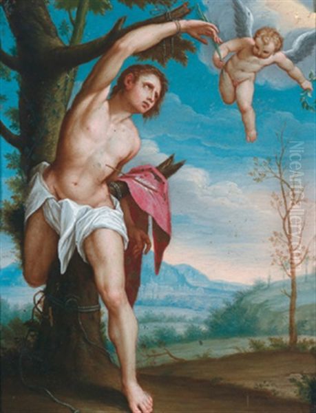 Der Heilige Sebastian Mit Einem Engel, Der Ihm Martyrer-palmzweig Und Krone Uberbringt Oil Painting by Jacopo Palma il Giovane