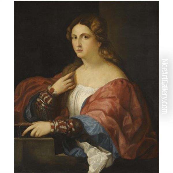 Portrait Of A Young Lady, Half Length, Wearing A Red And Blue Tunic, Holding A Book Oil Painting by Jacopo Palma il Giovane