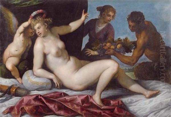 Venus Wird Von Amor Gekront Wahrend Satyrn Und Eine Nymphe Ihr Fruchte Reichen Oil Painting by Jacopo Palma il Giovane