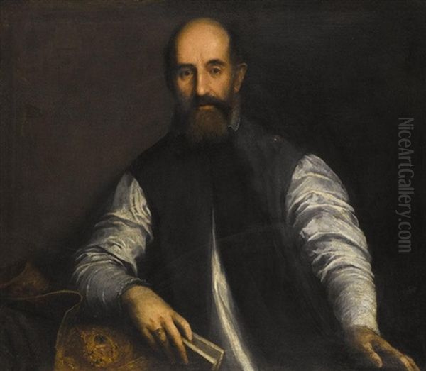 Portrait Of A Bearded Man Wearing A Blue Waistcoat And Holding A Book In His Right Hand Oil Painting by Jacopo Palma il Giovane