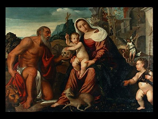 Maria Mit Dem Kind Und Der Heilige Hieronymus Oil Painting by Jacopo Palma il Giovane