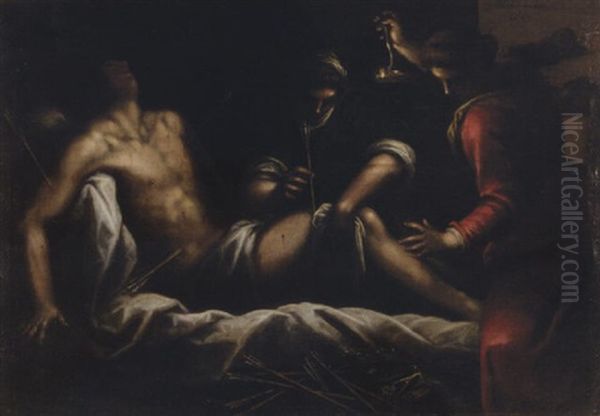 Saint Irene And A Female Saint Tending The Wounds Of Saint Sebastian Oil Painting by Jacopo Palma il Giovane