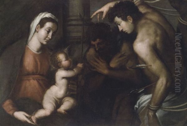 La Madonna Con I Santi Giovanni Battista E San Sebastiano Oil Painting by Jacopo Palma il Giovane