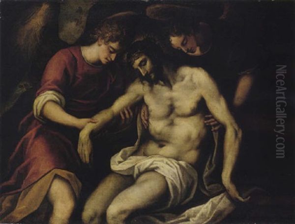 The Dead Christ Supported By Angels Oil Painting by Jacopo Palma il Giovane