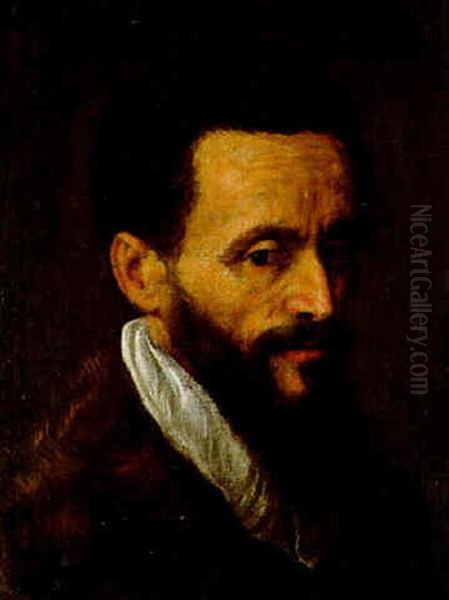 Portrait Of A Bearded Gentleman, Bust-length, In A Fur Coat And White Collar Oil Painting by Jacopo Palma il Giovane