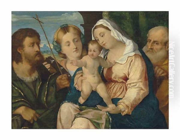 The Holy Family With Saint John The Baptist And Saint Catherine Of Alexandria Oil Painting by Jacopo Palma il Vecchio