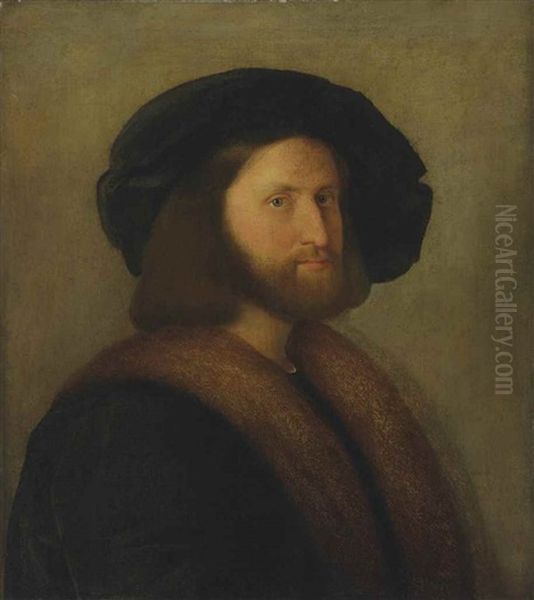 Portrait Of Venetian Gentleman, Half-length, In A Black, Fur-trimmed Cloak And A Black Cap Oil Painting by Jacopo Palma il Vecchio