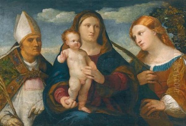 The Madonna And Child With Saint Catherine Of Siena And A Bishop Saint Oil Painting by Jacopo Palma il Vecchio