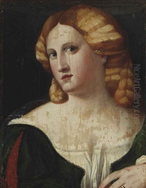 Portrait Of A Lady, Bust-length, In A Red Dress With Slashed Sleeves Oil Painting by Jacopo Palma il Vecchio