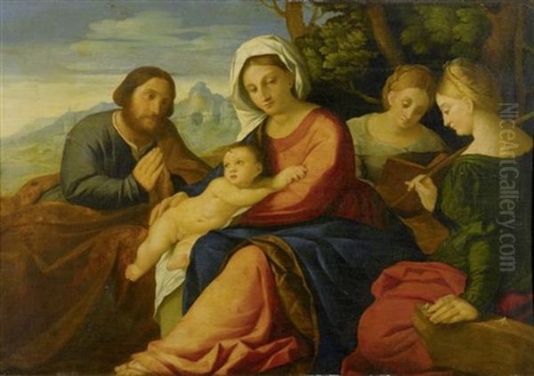 Sacra Conversazione Mit Madonna Und Kind Sowie Auftraggeber Als Heiliger Joseph Und Heilige Katharina Von Alexandrien Oil Painting by Jacopo Palma il Vecchio