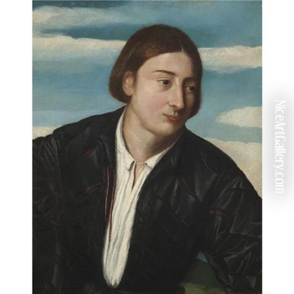 Portrait Of A Young Man Wearing A Black Satin Doublet And A White Shirt Oil Painting by Jacopo Palma il Vecchio