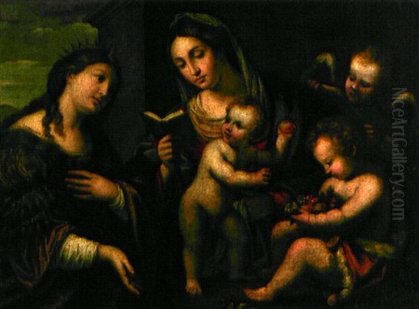 Madonna Mit Kind Und Einer Heiligen Oil Painting by Jacopo Palma il Vecchio