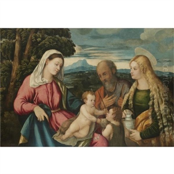 The Holy Family With The Infant Saint John The Baptist And Mary Magdalene Oil Painting by Jacopo Palma il Vecchio