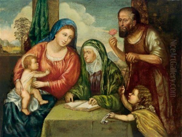 La Sacra Famiglia Con Santa Anna E San Giovannino Oil Painting by Jacopo Palma il Vecchio