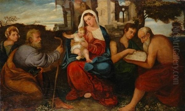 Madonna And Child With Saints And Donors Oil Painting by Jacopo Palma il Vecchio