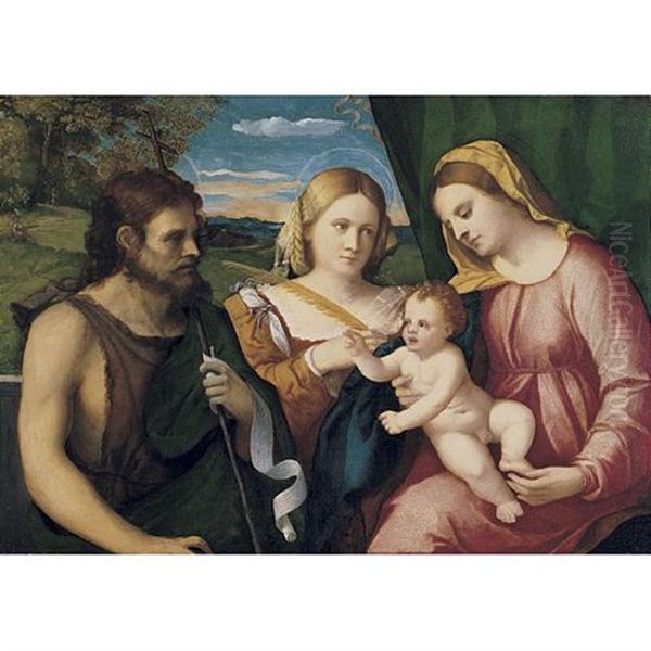 The Madonna And Child With St John The Baptist And St Catherine (?) (+ A Child, Drawing, Verso) Oil Painting by Jacopo Palma il Vecchio