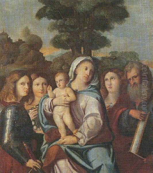 A Sacra Conversazione: The Madonna And Child With Saints George, Dorothea, Mary Magdalene And Mark(?) Oil Painting by Jacopo Palma il Vecchio