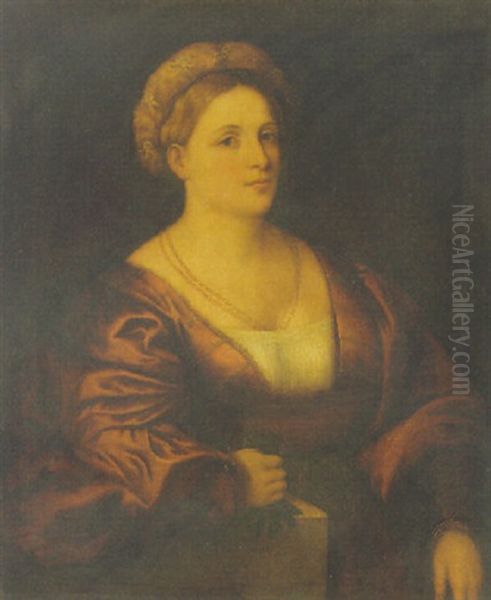 Portrait Of A Lady Wearing A Red Dress Oil Painting by Jacopo Palma il Vecchio