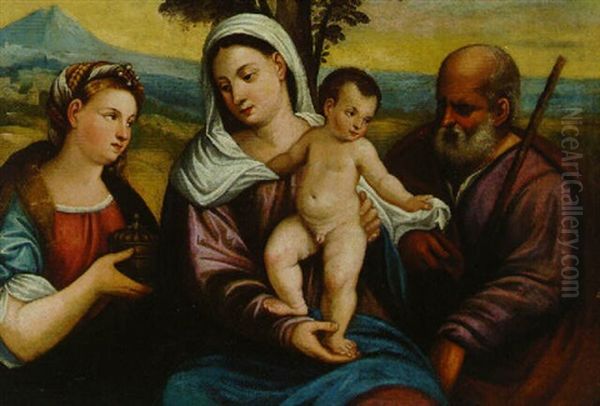 The Holy Family With Mary Magdalen Oil Painting by Jacopo Palma il Vecchio